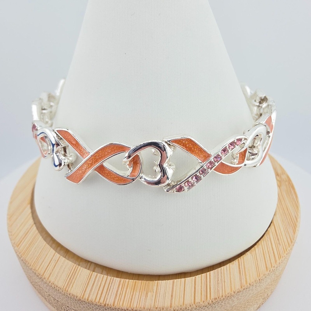 Vtg NAPIER Awareness Ribbon Bracelet Cancer Orange Pink Crystal Silver Tone 7.5"